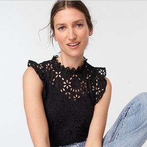 J Crew Mockneck top in embroidered eyelet- Black